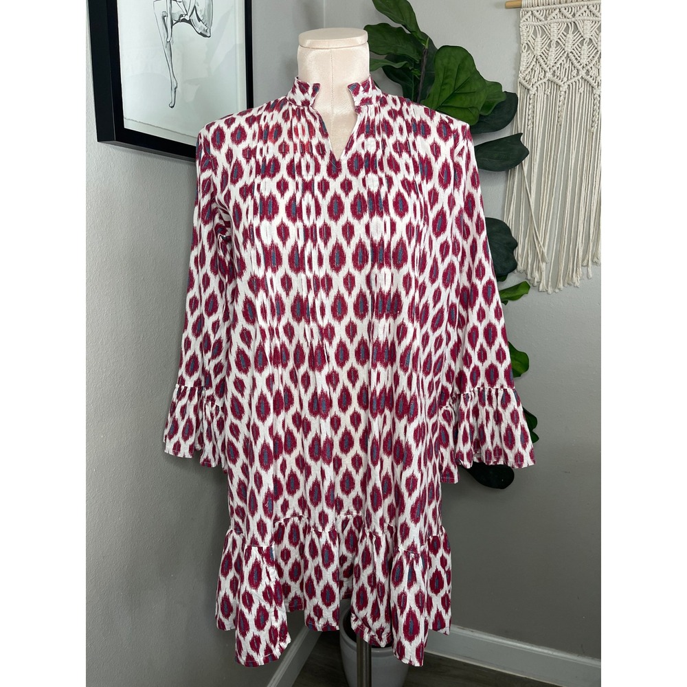 Ananya by Rose Tunic Dress Burgundy Teal Ikat Cotton Bell Sleeve Ruffle Hem M